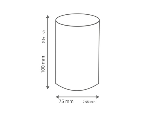 Obrázek válce o rozměrech 100 mm na výšku a 75 mm v průměru.