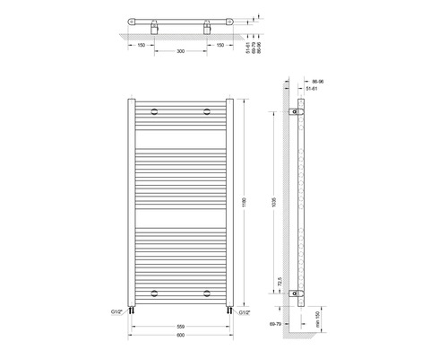 Technický výkres radiátoru s rozměry.