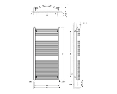 Technický nákres radiátoru s rozměry