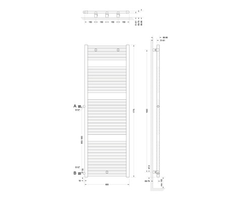 Technický nákres koupelnového radiátoru s rozměry