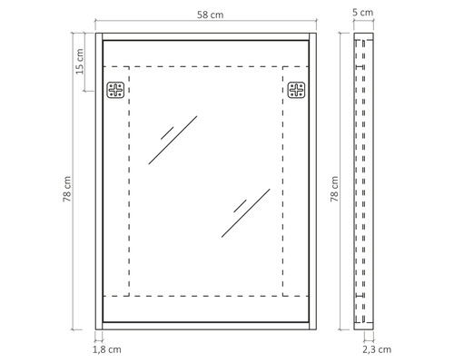 Technický nákres zrcadlové skříňky s rozměry.