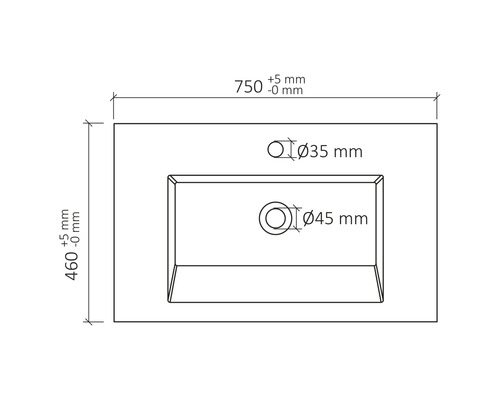 Nákres umyvadlové desky o rozměrech 750 x 460 mm a výřezy o průměru 35 mm a 45 mm.