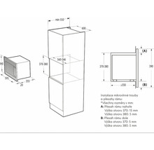 Technický výkres mikrovlnné trouby s rozměry pro instalaci
