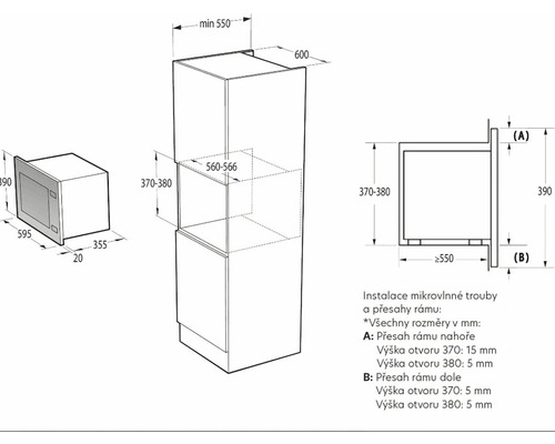 Technický výkres mikrovlnné trouby s rozměry pro instalaci
