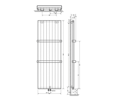 Technický nákres radiátoru s rozměry