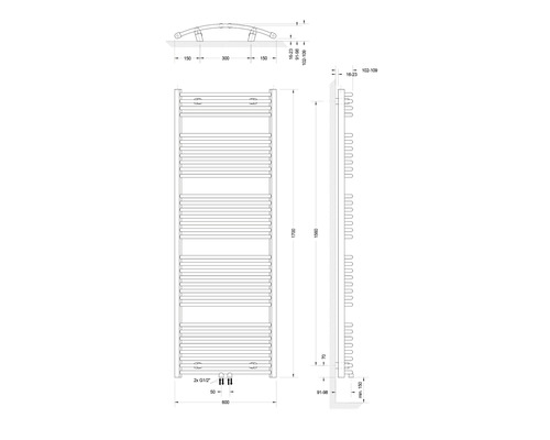 Technický nákres topného tělesa s rozměry