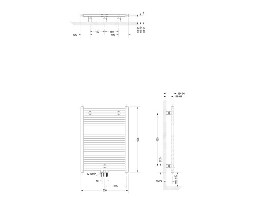 Technický nákres radiátoru s rozměry