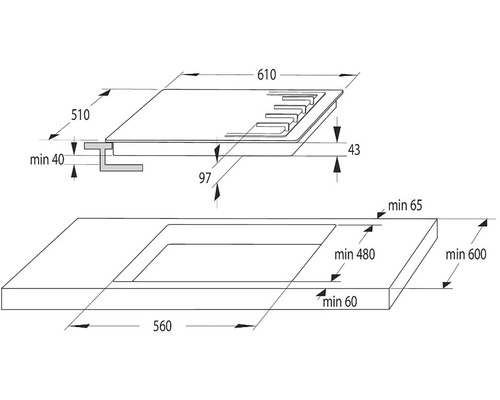Rozměrový nákres varné desky s rozměry výřezu
