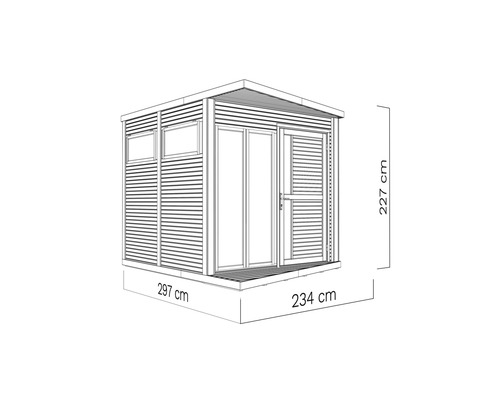 Obrázek zahradního domku o rozměrech 297 cm x 234 cm x 227 cm.