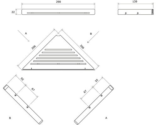 Technický výkres rohové police s rozměry