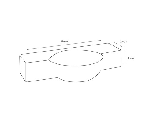 Technický nákres květináče o rozměrech 40 cm délka, 23 cm šířka a 8 cm výška.
