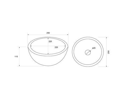 Technický výkres umyvadla na desku s rozměry