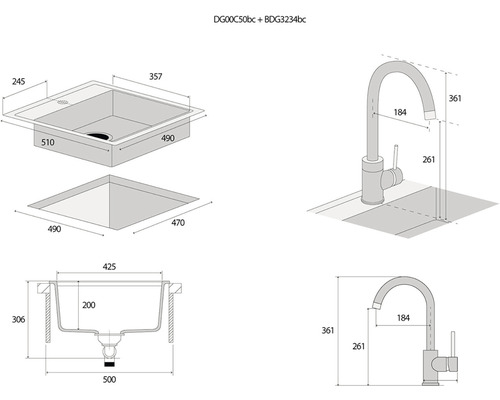 Technický nákres dřezu s kohoutkem a rozměry