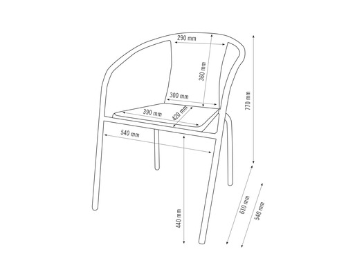 Technický nákres židle s rozměry