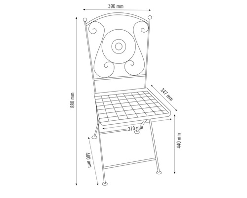 Technický výkres zahradní židle s rozměry