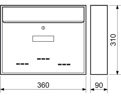 Technický nákres poštovní schránky s rozměry