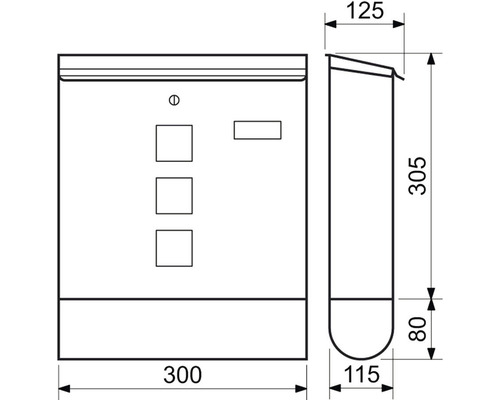 Technický nákres poštovní schránky s rozměry