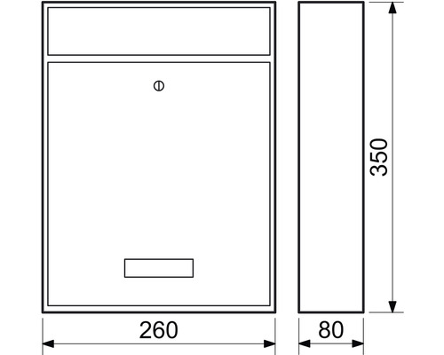 Technický nákres poštovní schránky s rozměry 260 x 350 x 80 milimetrů