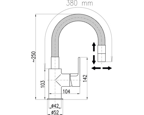 Technický výkres kuchyňské baterie s rozměry.