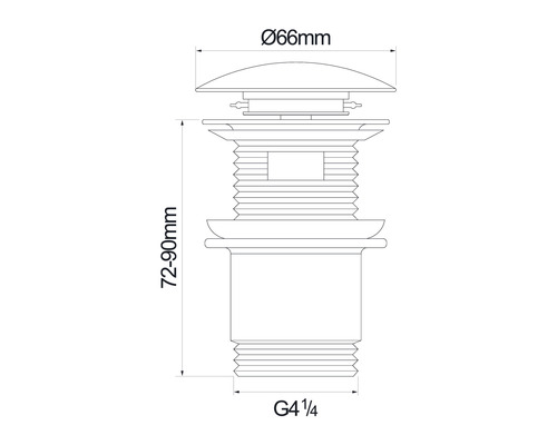 Nákres výpustného ventilu o rozměrech 66 mm v průměru a 72 až 90 mm na výšku