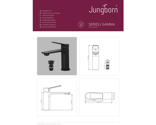 Umyvadlová baterie Jungborn Gamma s odtokovou soupravou a rozměry