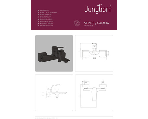 Koupelnová baterie Jungborn Série Gamma s rozměry