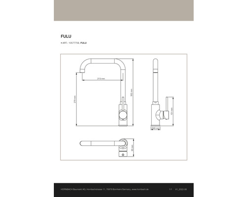 Výkres kuchyňské baterie Fulu s rozměry