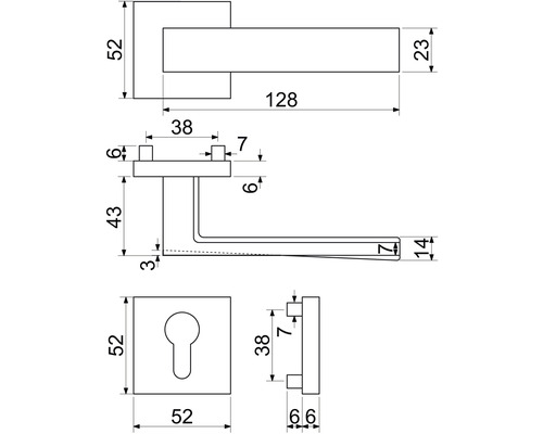 Technický výkres kliky dveří s rozměry