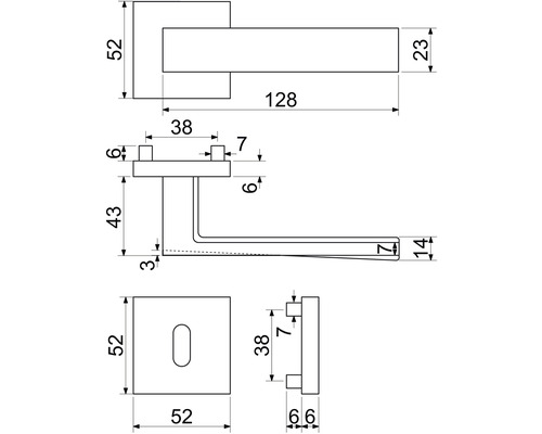 Technický výkres kliky dveří s rozměry