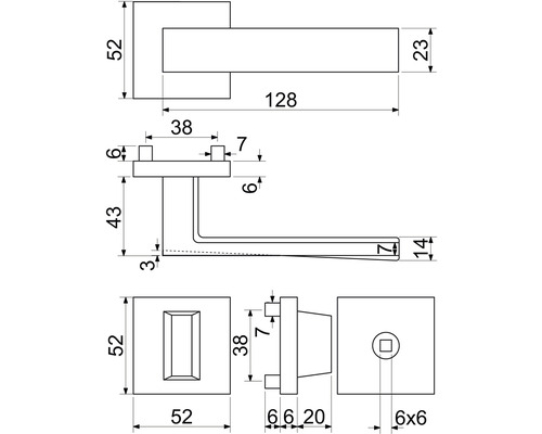 Technický výkres kliky dveří s rozměry