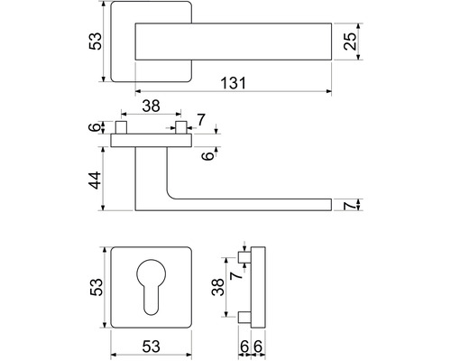 Technický výkres kliky ke dveřím s rozměry