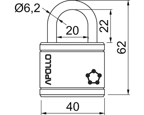 Technický výkres visacího zámku Apollo s rozměry