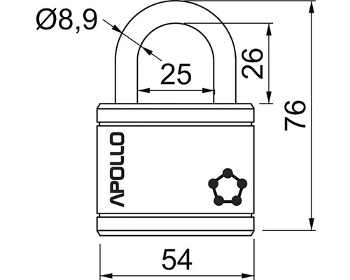 Technický výkres visacího zámku Apollo s rozměry.
