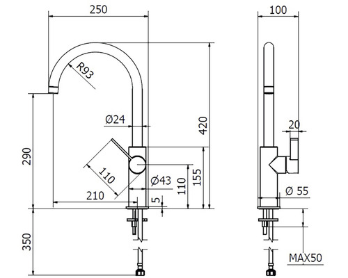 Technický nákres kuchyňské baterie s rozměry
