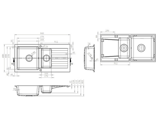 Technický nákres dřezu s rozměry