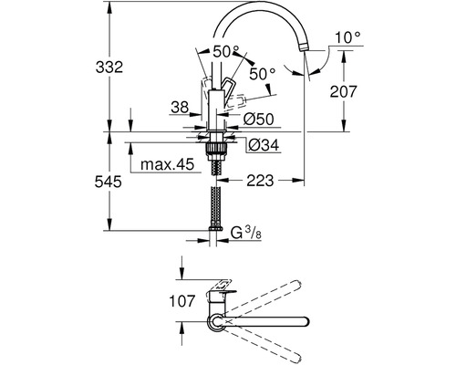Technický výkres vodovodní baterie s rozměry a úhly.