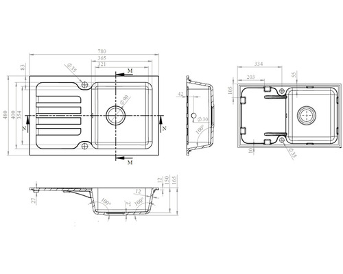 Technický výkres dřezu s rozměry