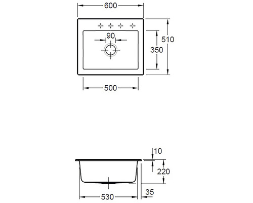 Technický výkres umyvadla s rozměry