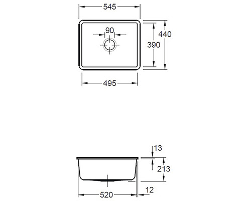 Technický nákres dřezu s rozměry.