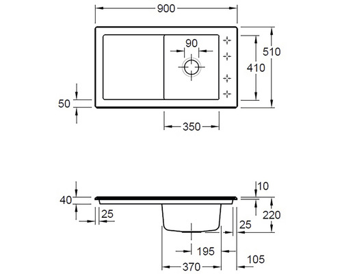 Technický nákres dřezu s rozměry