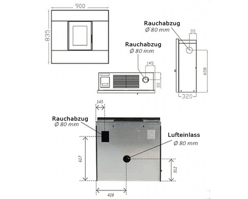 Technický výkres kamen s rozměry odvodu kouře a přívodu vzduchu