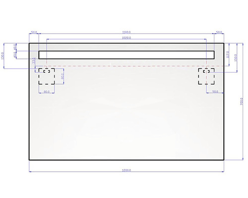 Technický výkres zrcadla s osvětlením a rozměry