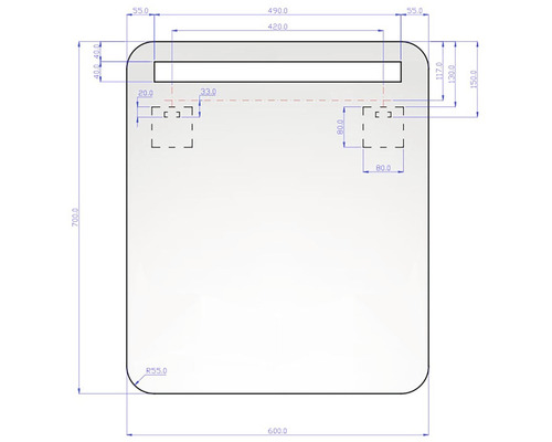 Technický nákres zrcadlové desky s rozměry