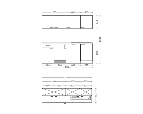 Technický výkres kuchyňské linky s rozměry