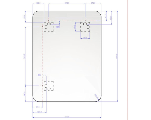 Technický nákres zrcadla s rozměry