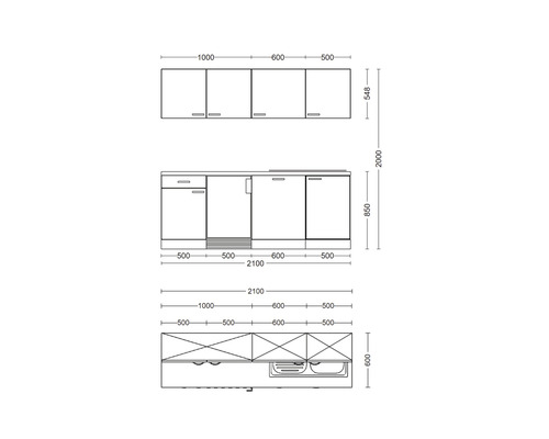 Nákres kuchyňské linky s rozměry