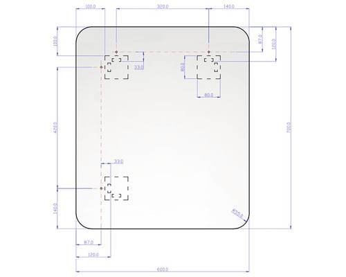 Technický nákres zrcadla s rozměry