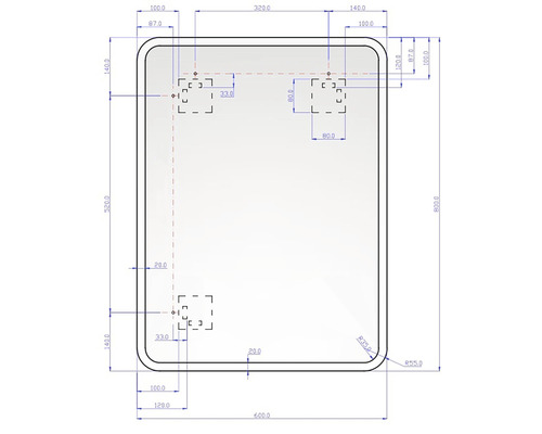 Technický nákres s rozměry a montážními body