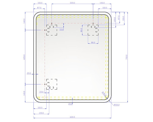 Technický výkres s rozměry obdélníkového objektu se zaoblenými rohy