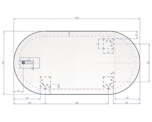 Nákres oválné vany s rozměry